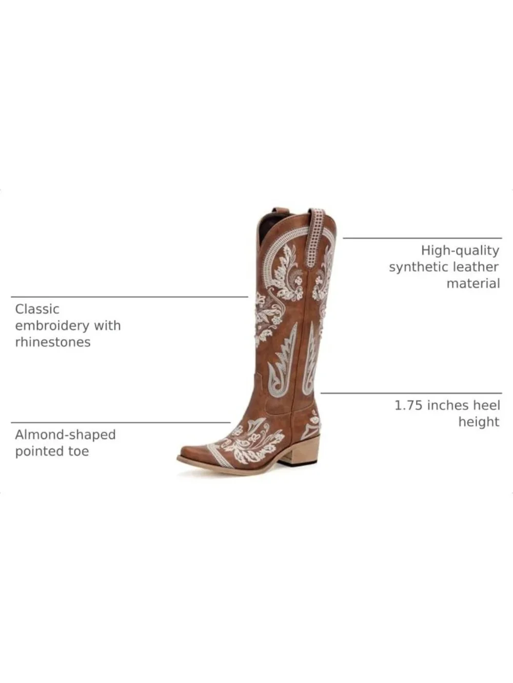 Women's Brown Faux Leather Rhinestone Knee High Cowgirl Snip Toe Zipper Boots
